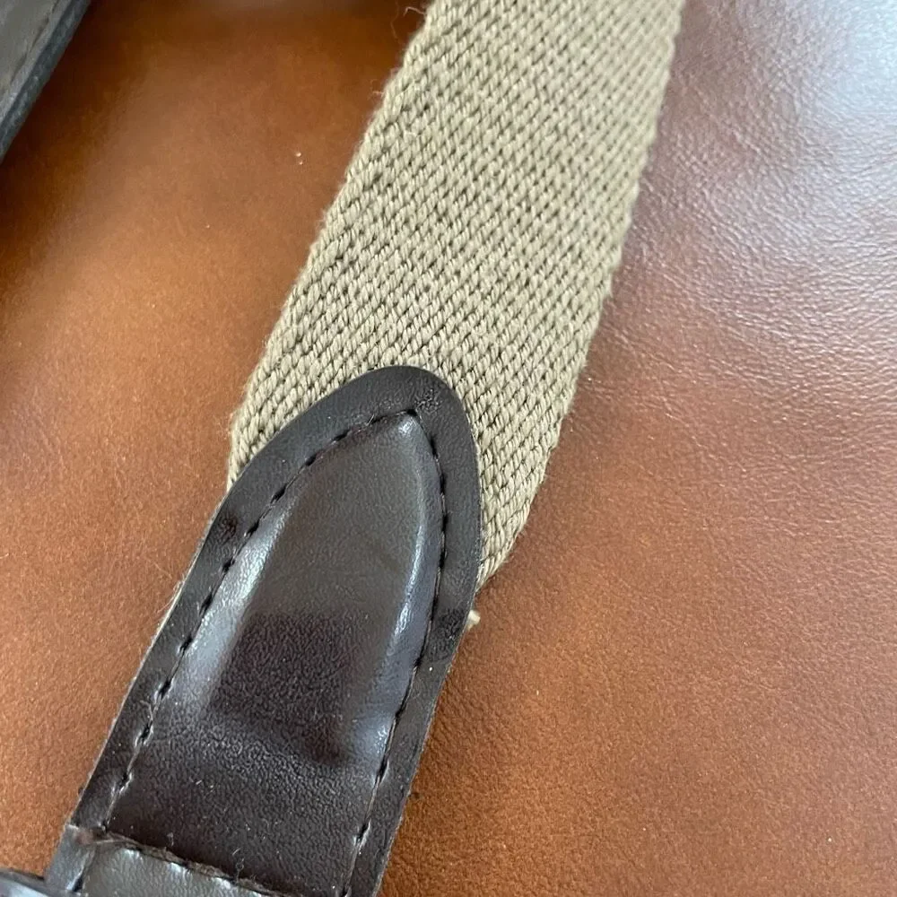 Vintage Khaki Tan Cotton Web Belt Dark Brown Faux Leather Gold Tone 36